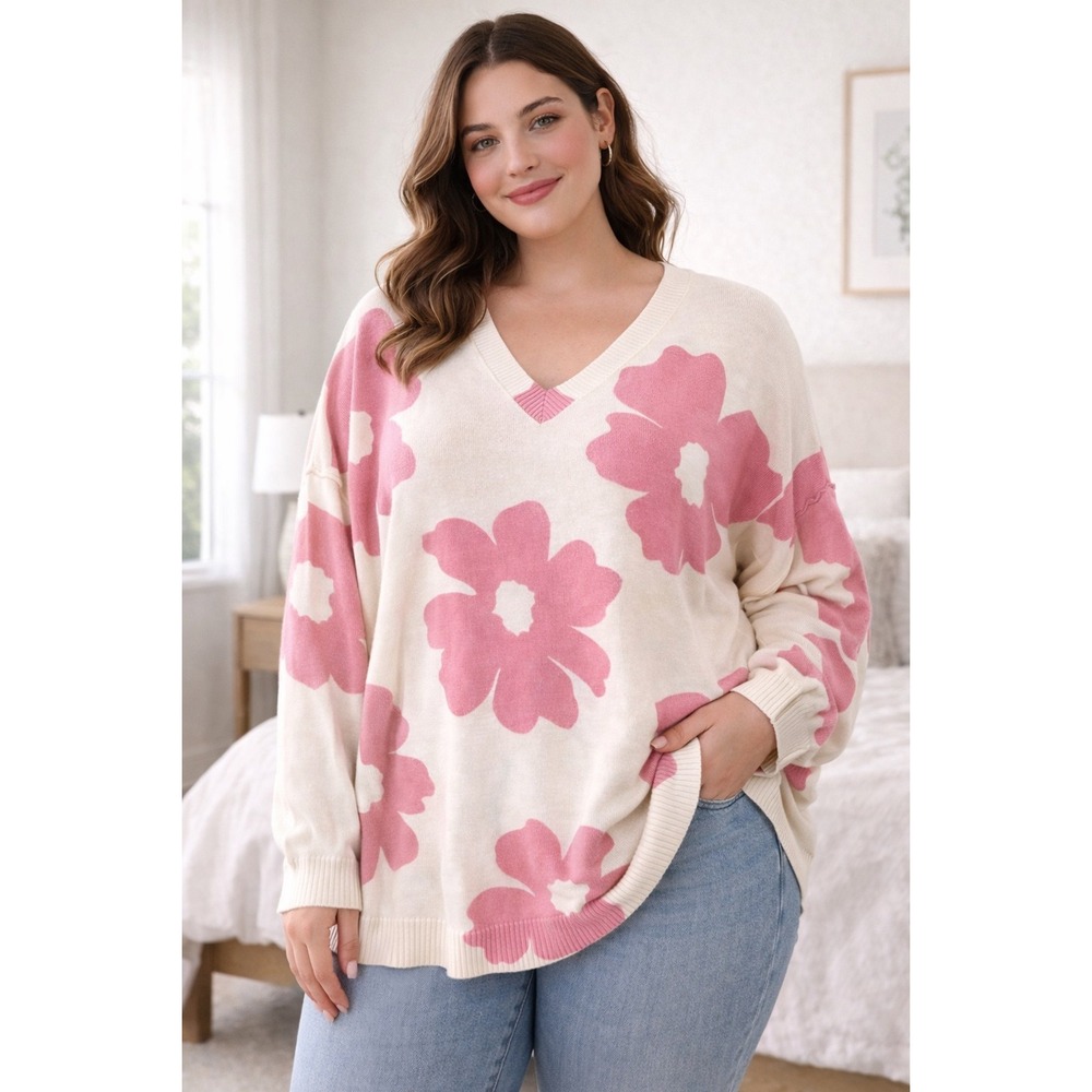 NWT Torrid Pink Floral V-Neck Pullover Sweater SZ 3 Cotton Blend Lightweight